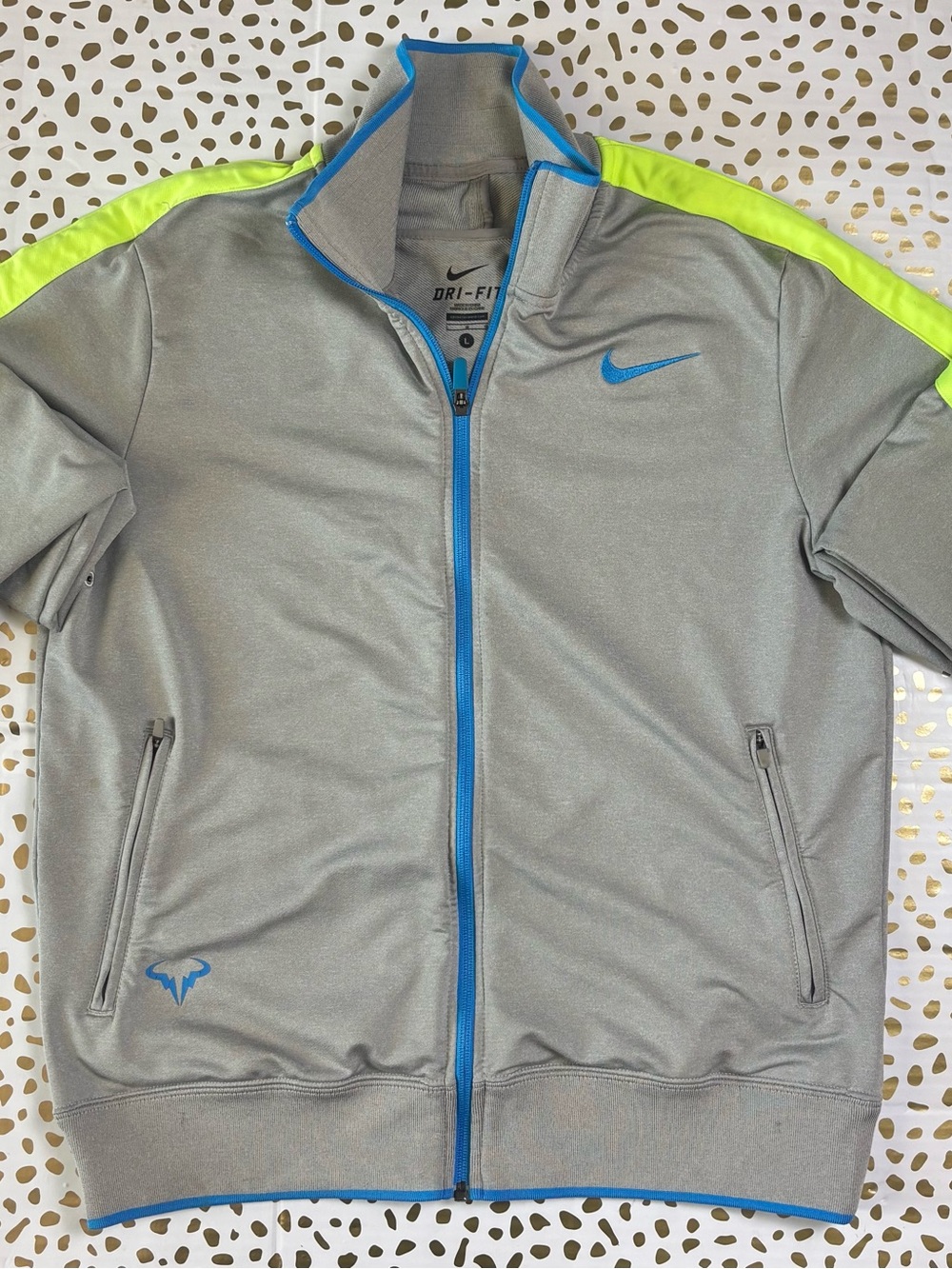 Nike Gray Performance Jacket with Neon Yellow and Blue Accents